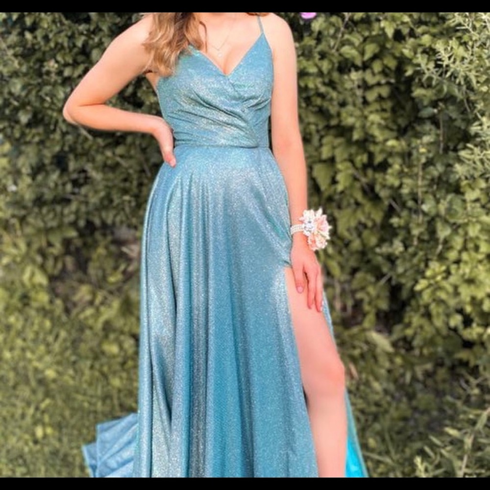 Teal Sparkly A-Line Sherri Hill Prom Dress